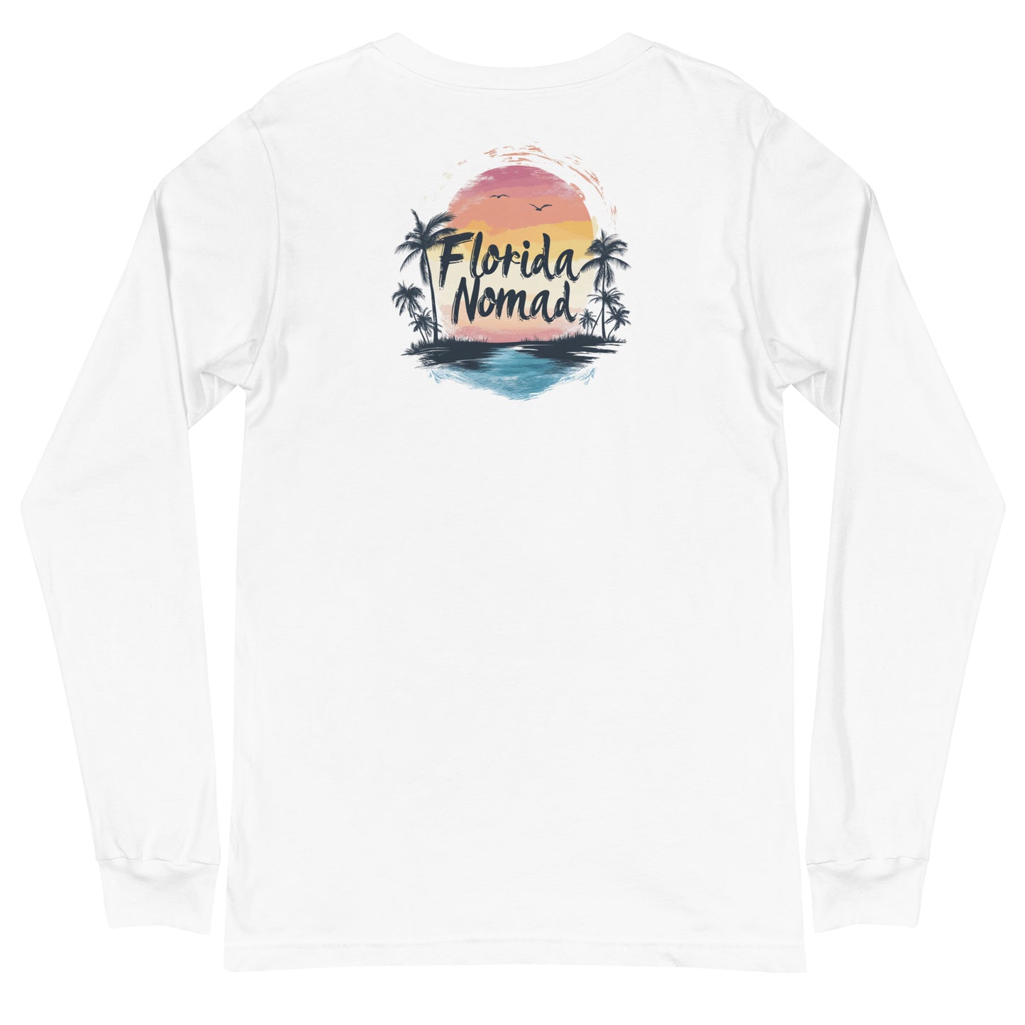 Retro-style Florida Nomad long sleeve shirt featuring a tropical sunset with palm trees, a serene beach, and the text 'Florida Nomad' in bold script.