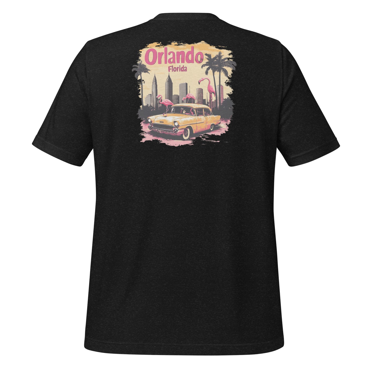 Black Vintage Orlando Florida T-shirt design showcasing flamingos, palm trees, an automotive skyline, and bold retro typography