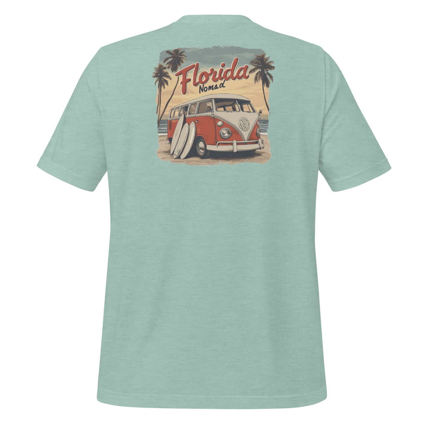 Green Vintage "Florida Nomad" T-shirt featuring a red and white VW bus with surfboards on a tropical beach background.