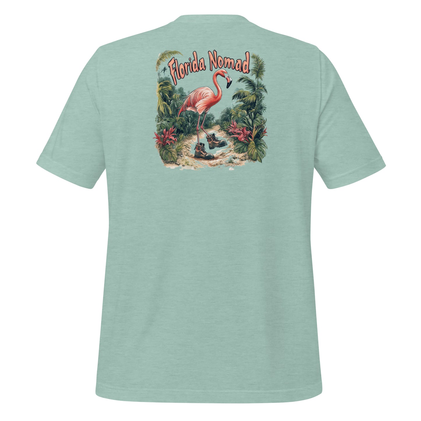 Green Florida Nomad t-shirt design featuring a whimsical flamingo wearing hiking boots, walking through a tropical jungle trail