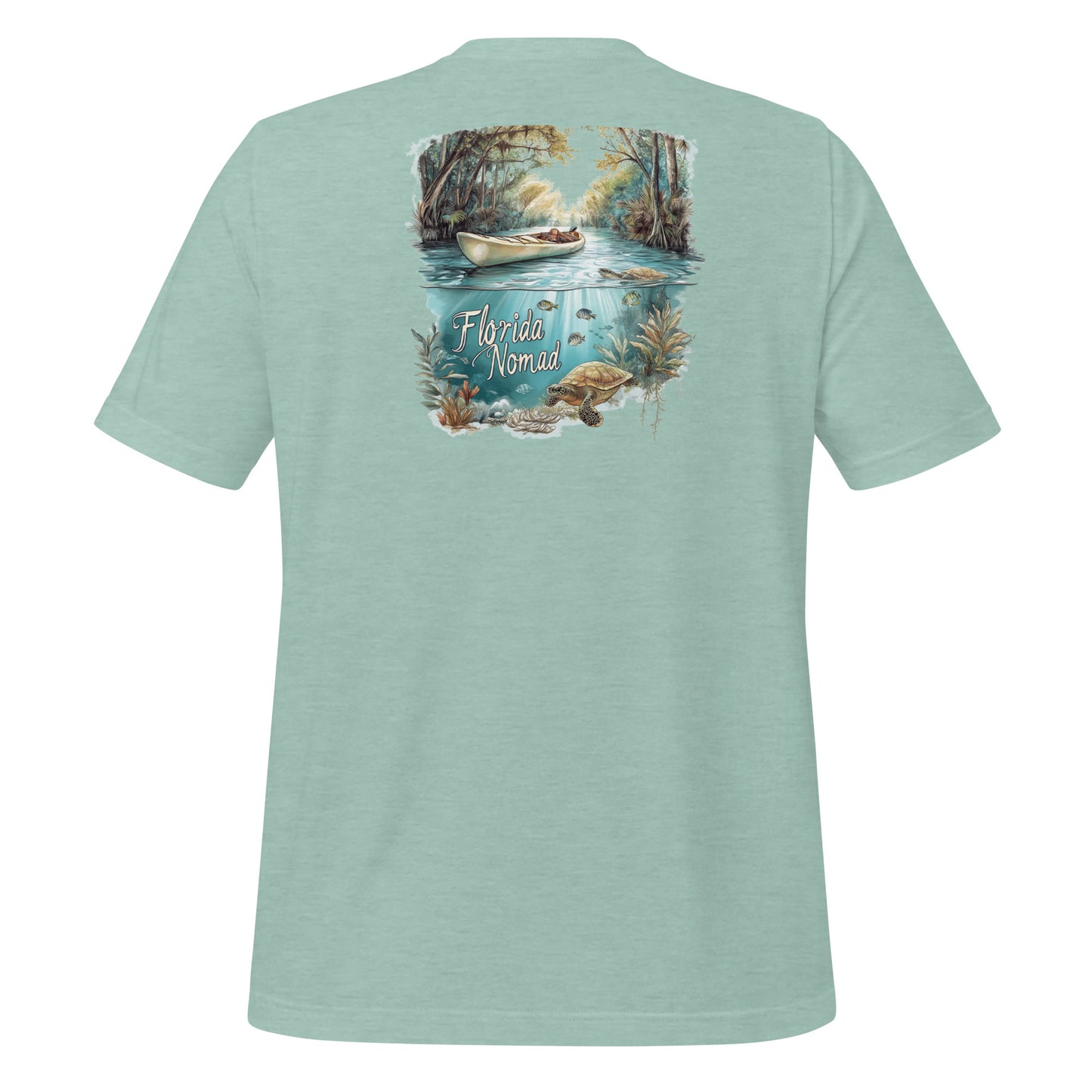 Light Green Florida Nomad t-shirt featuring a kayak on a crystal spring with underwater sea turtles and fish.