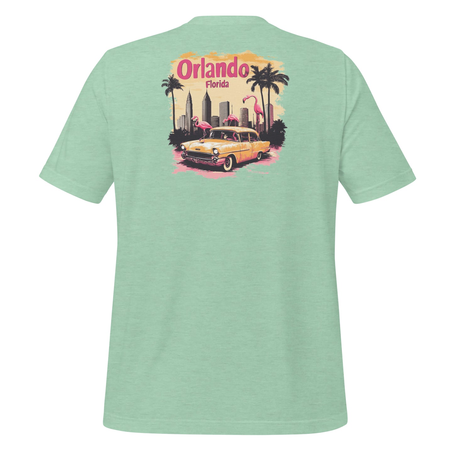Vintage Orlando Florida Light Green T-shirt design showcasing flamingos, palm trees, an automotive skyline, and bold retro typography