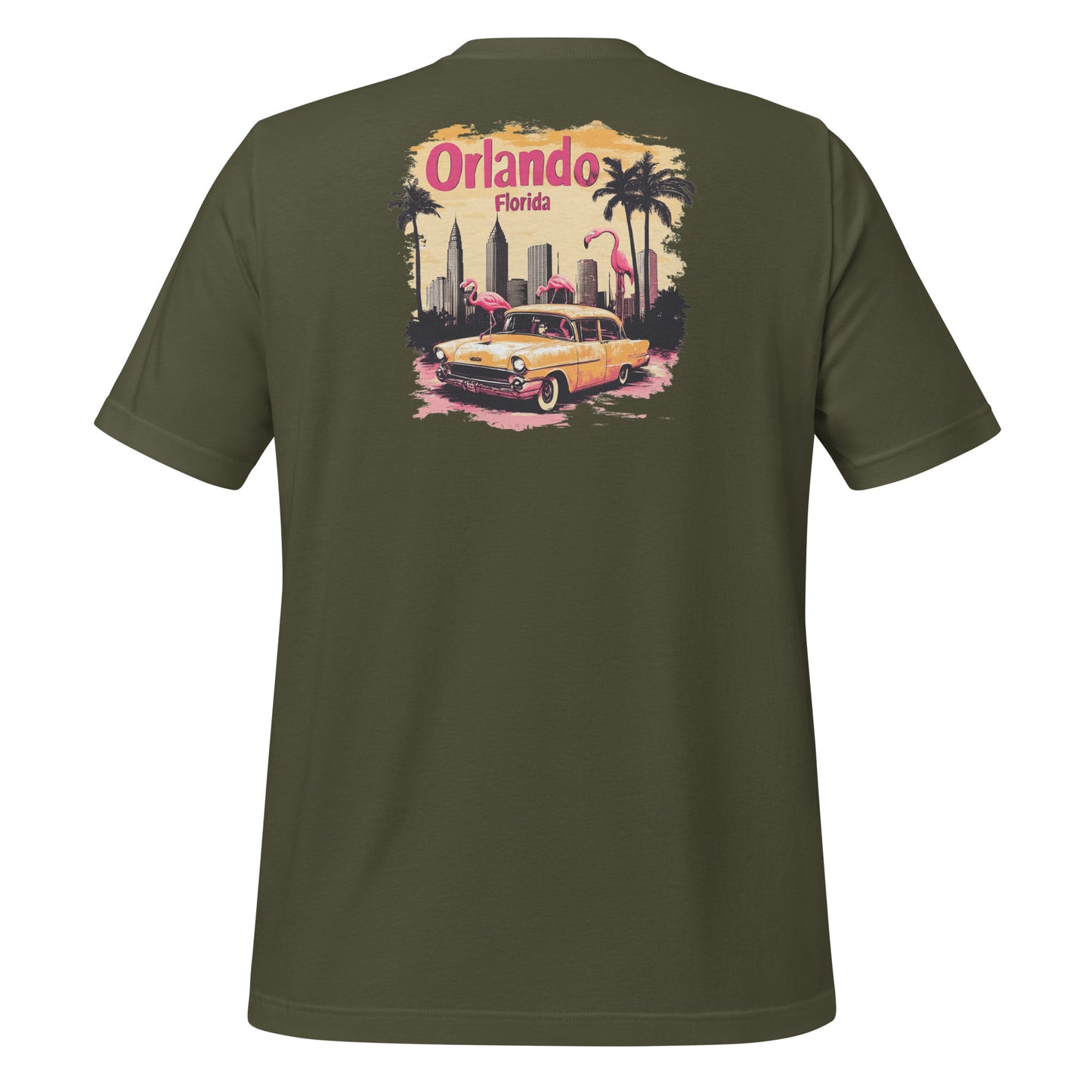 Vintage Orlando Florida Green T-shirt design showcasing flamingos, palm trees, an automotive skyline, and bold retro typography