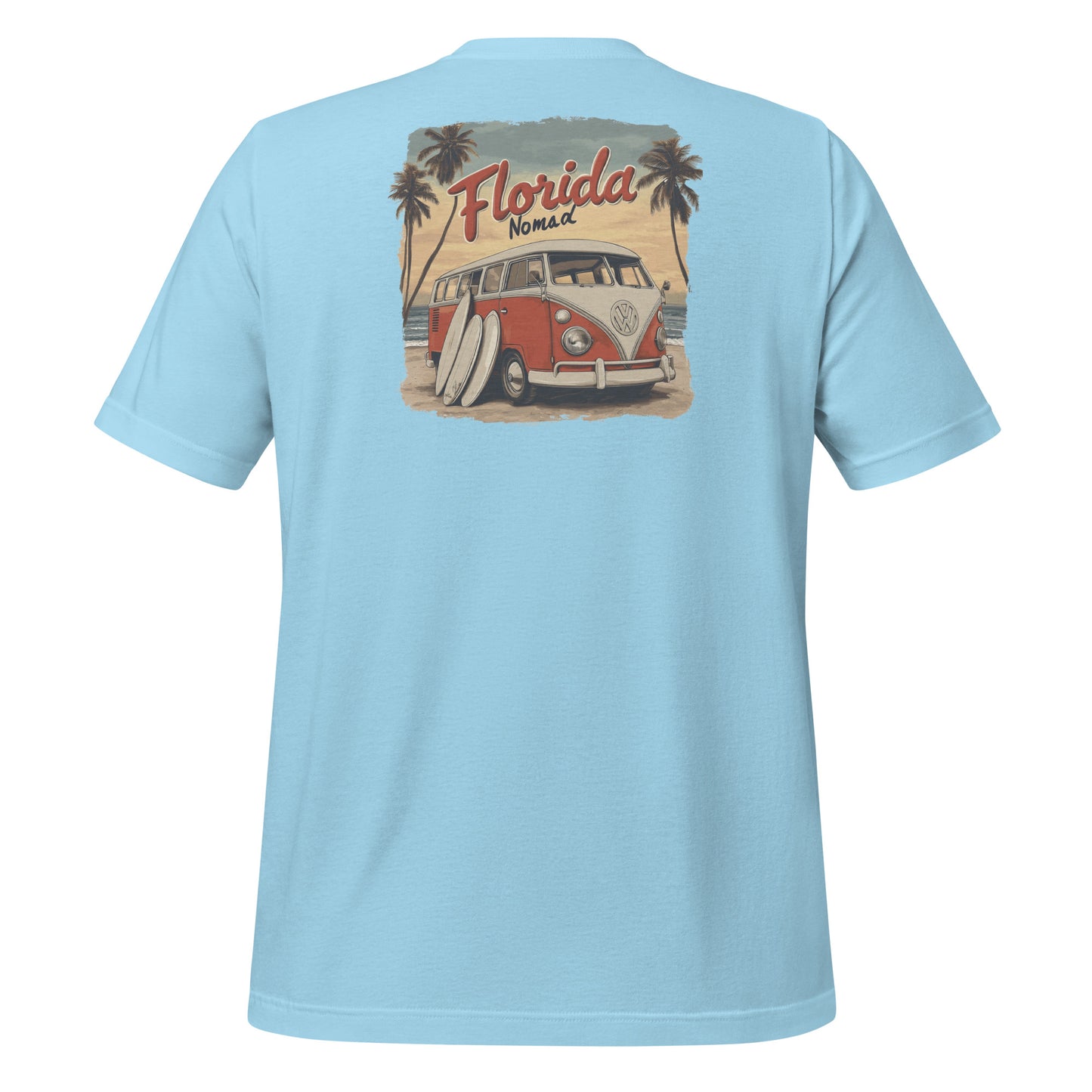 Blue Vintage "Florida Nomad" T-shirt featuring a red and white VW bus with surfboards on a tropical beach background.