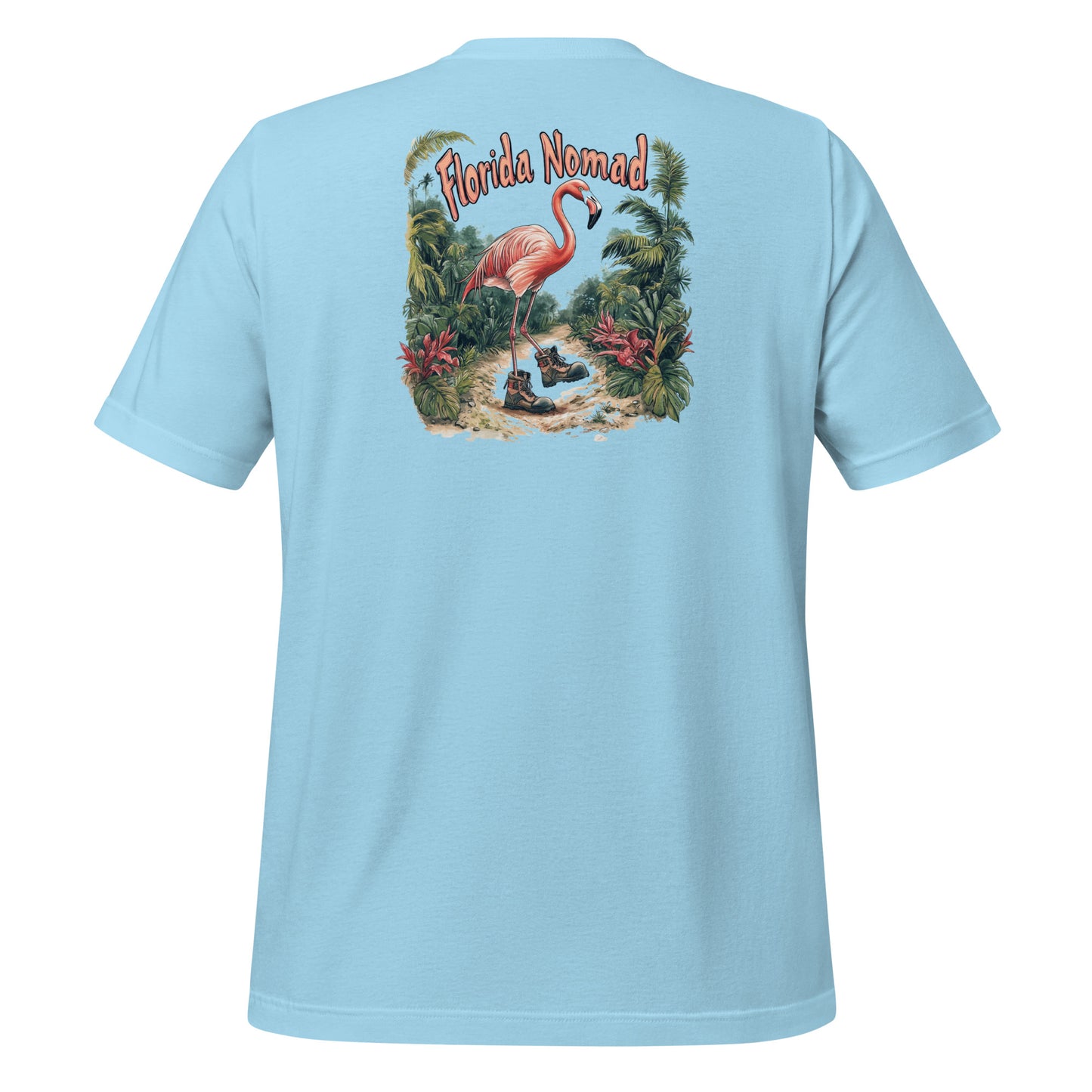 Blue Florida Nomad t-shirt design featuring a whimsical flamingo wearing hiking boots, walking through a tropical jungle trail
