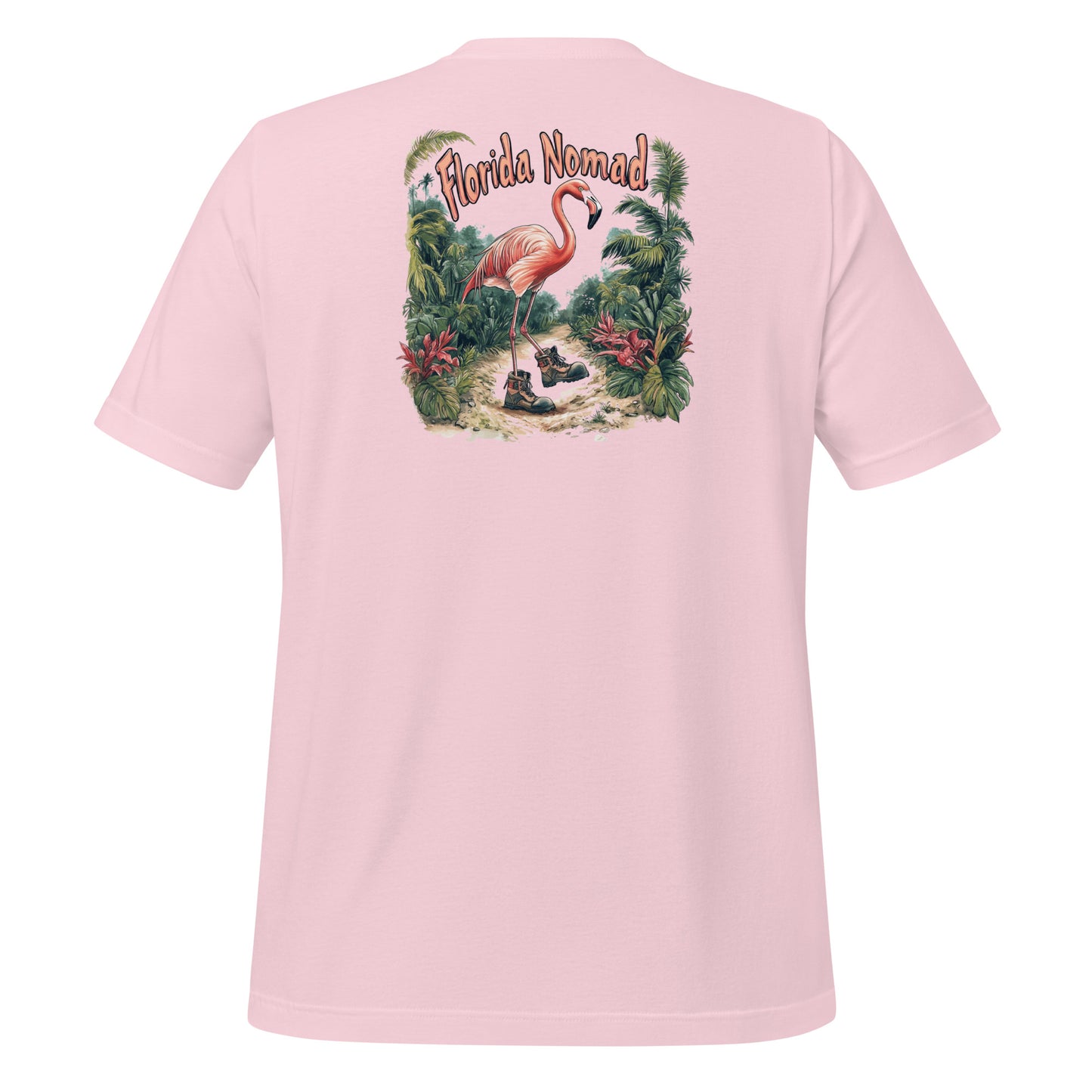 Pink Florida Nomad t-shirt design featuring a whimsical flamingo wearing hiking boots, walking through a tropical jungle trail