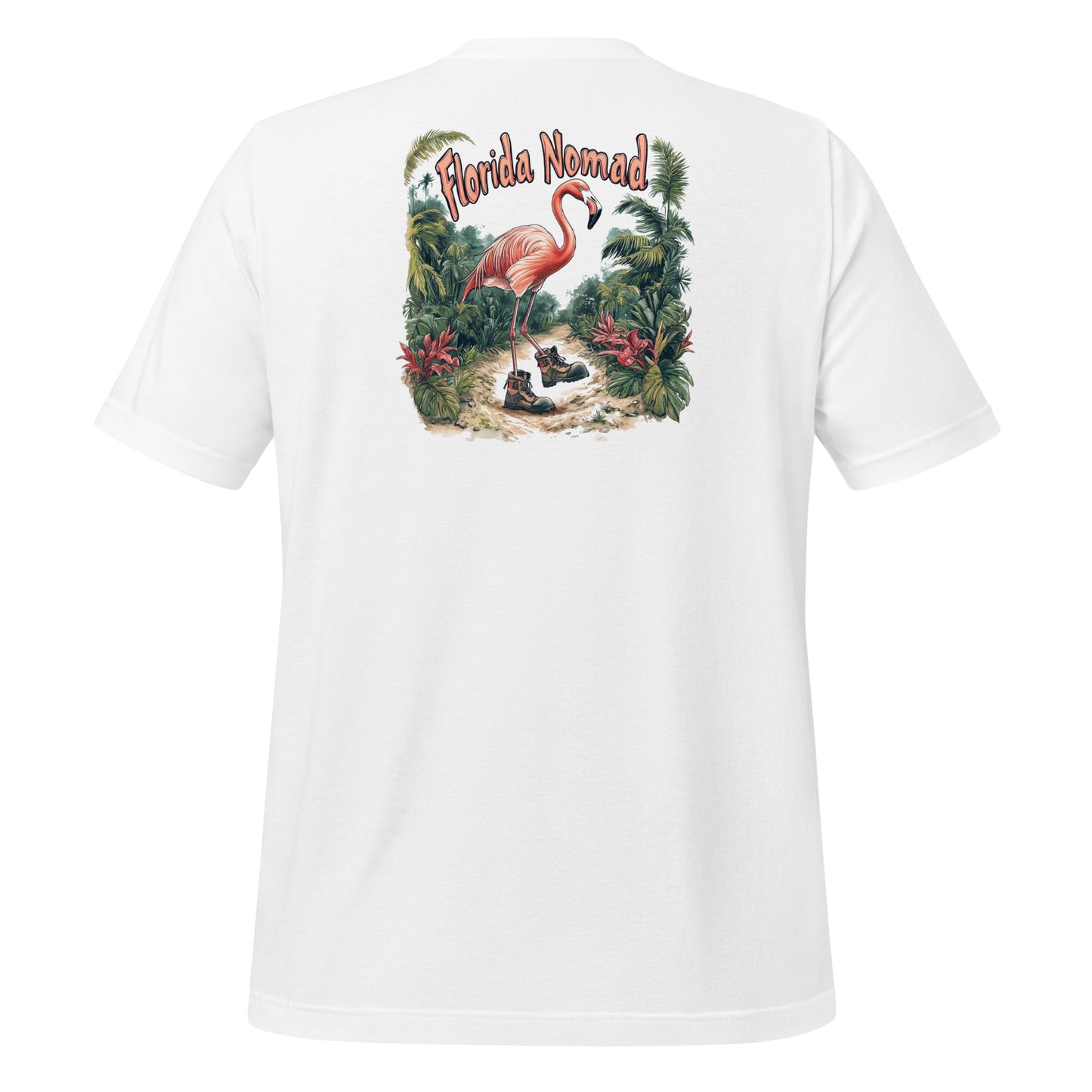 White Florida Nomad t-shirt design featuring a whimsical flamingo wearing hiking boots, walking through a tropical jungle trail