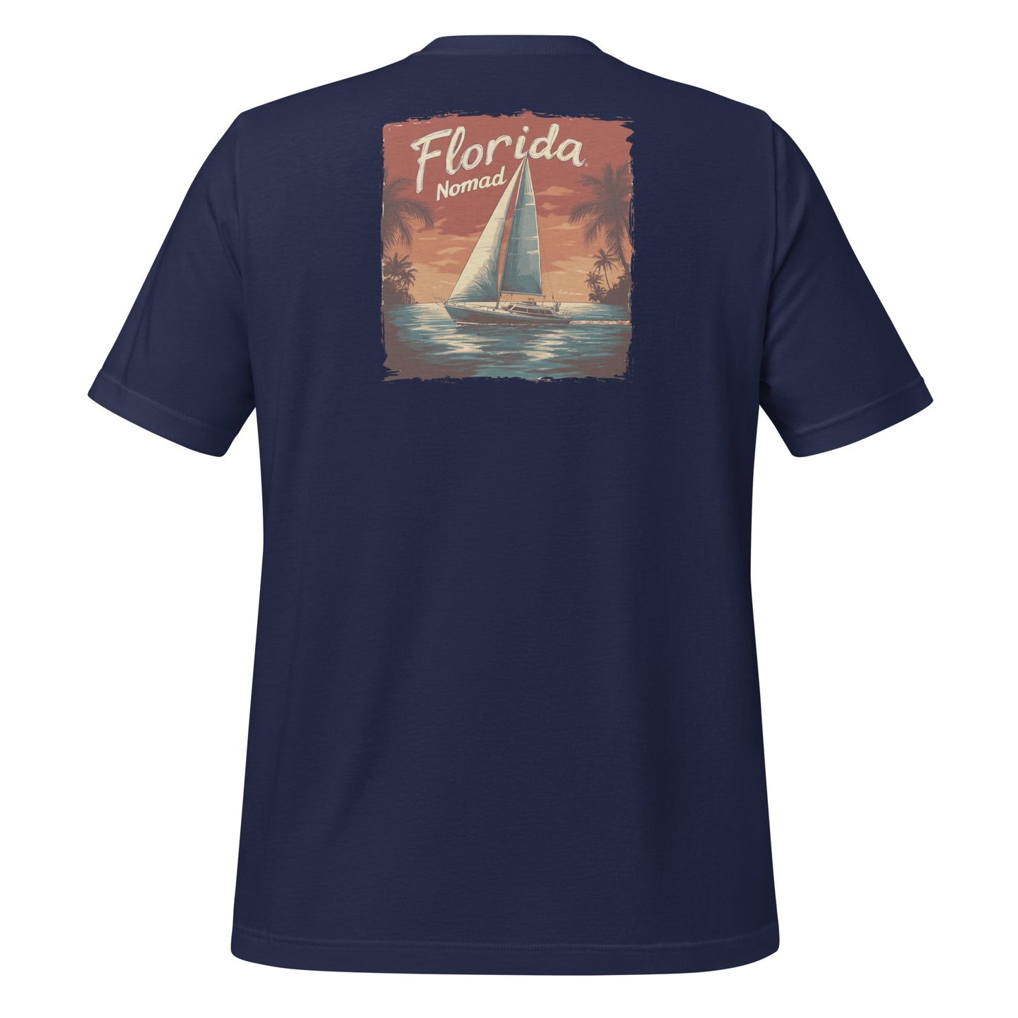 Florida Nomad t-shirt with a vintage sailboat design at sunset, reflecting tropical coastal vibes and ocean adventure.