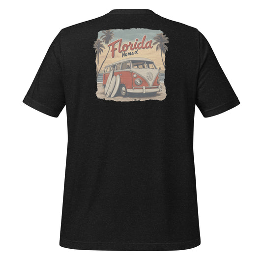 Black Vintage "Florida Nomad" T-shirt featuring a red and white VW bus with surfboards on a tropical beach background.