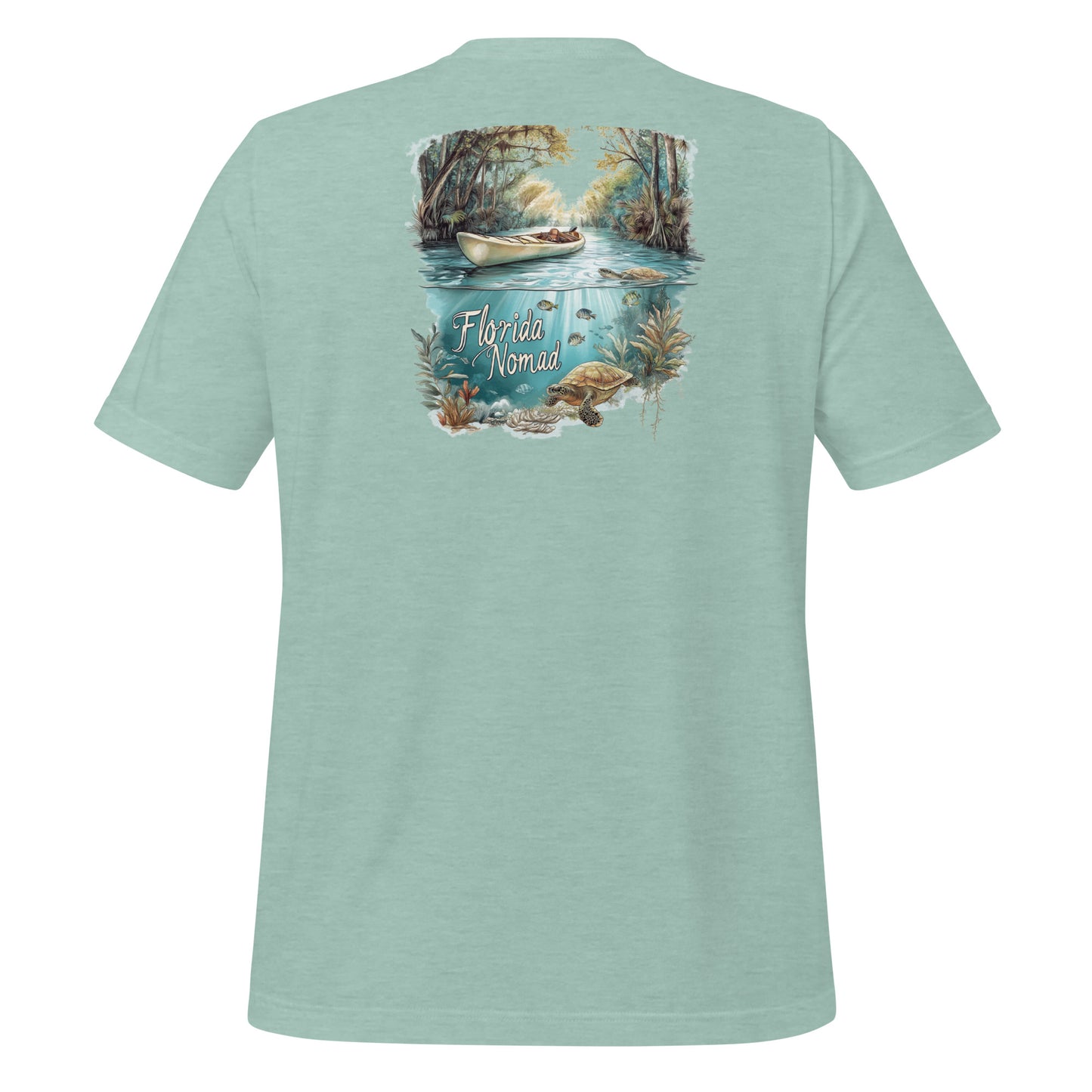 Light Green Florida Nomad t-shirt featuring a kayak on a crystal spring with underwater sea turtles and fish.