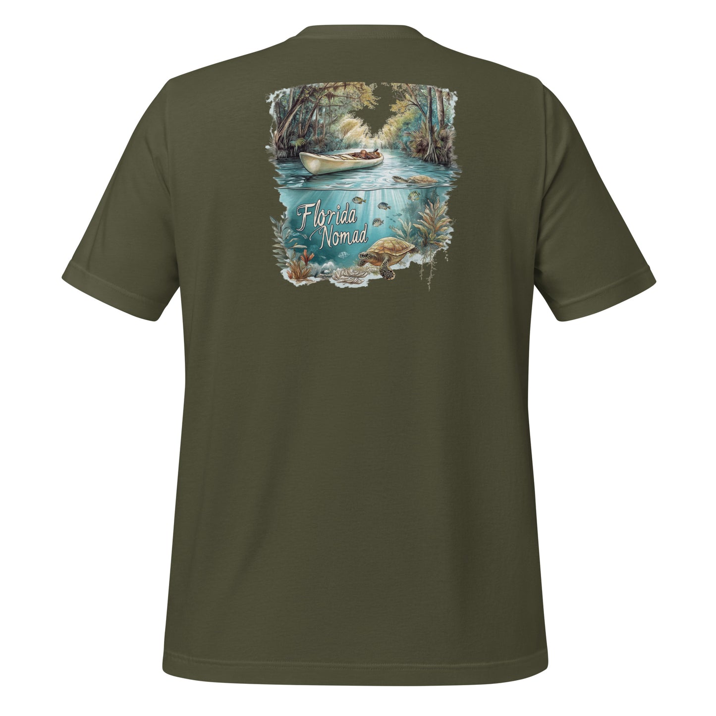 Dark Green Florida Nomad t-shirt featuring a kayak on a crystal spring with underwater sea turtles and fish.