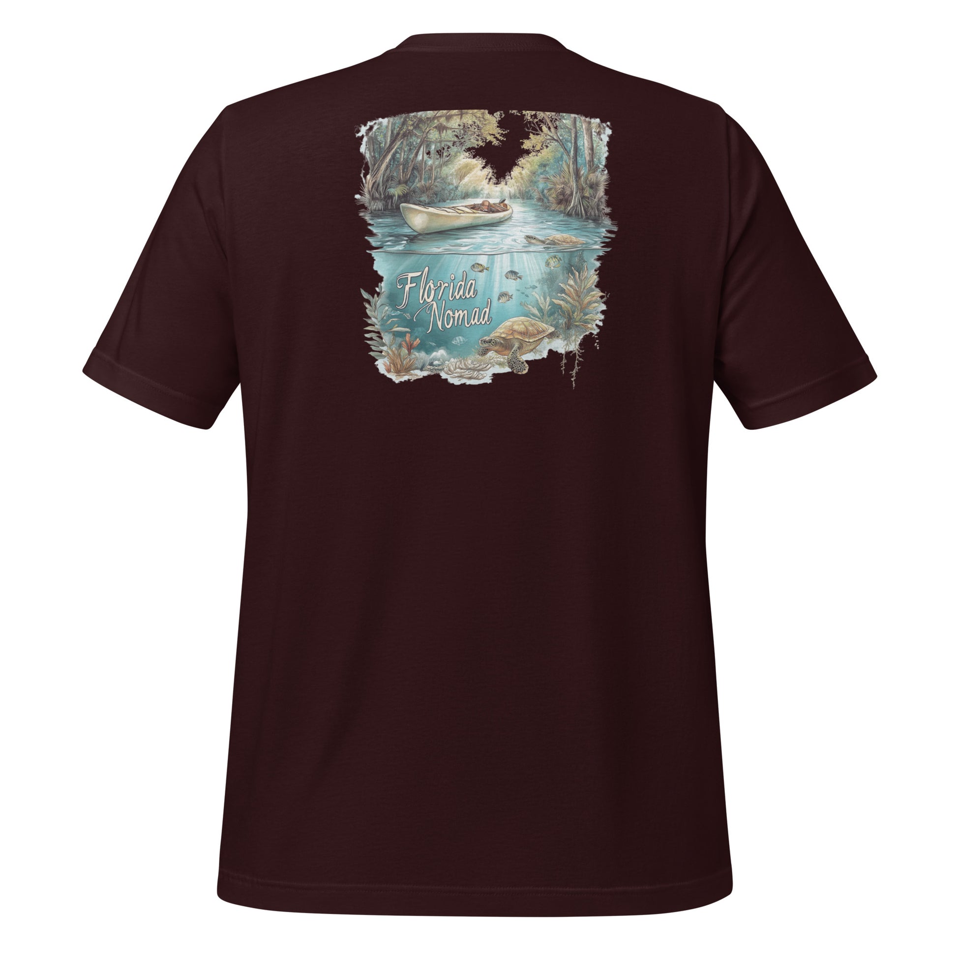 Black Florida Nomad t-shirt featuring a kayak on a crystal spring with underwater sea turtles and fish.